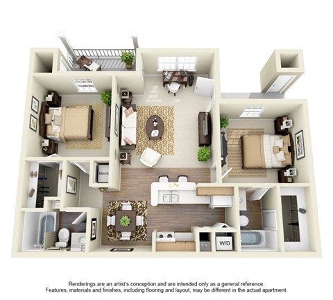 Floor plan for 2 beds, 2 baths, 892 sqft